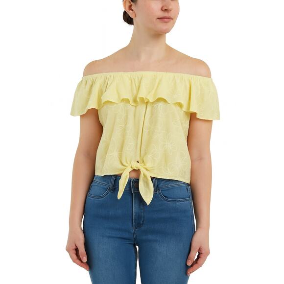 BCX Embroidered Off-the-Shoulder‎ Floral Ruffle Tie-Front Top Yellow Women's L - Picture 1 of 5